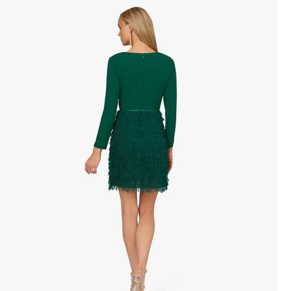 NWT Women’s Adrianna Papell Fringed Crepe & Chiffon Mini Dress Green Size 12 - Picture 3 of 6
